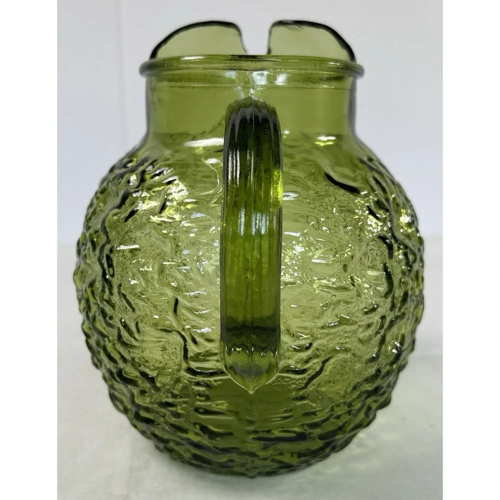 Vintage 1970s Anchor Hocking Milano/Lido Avocado Green Crinkle Ball Pitcher